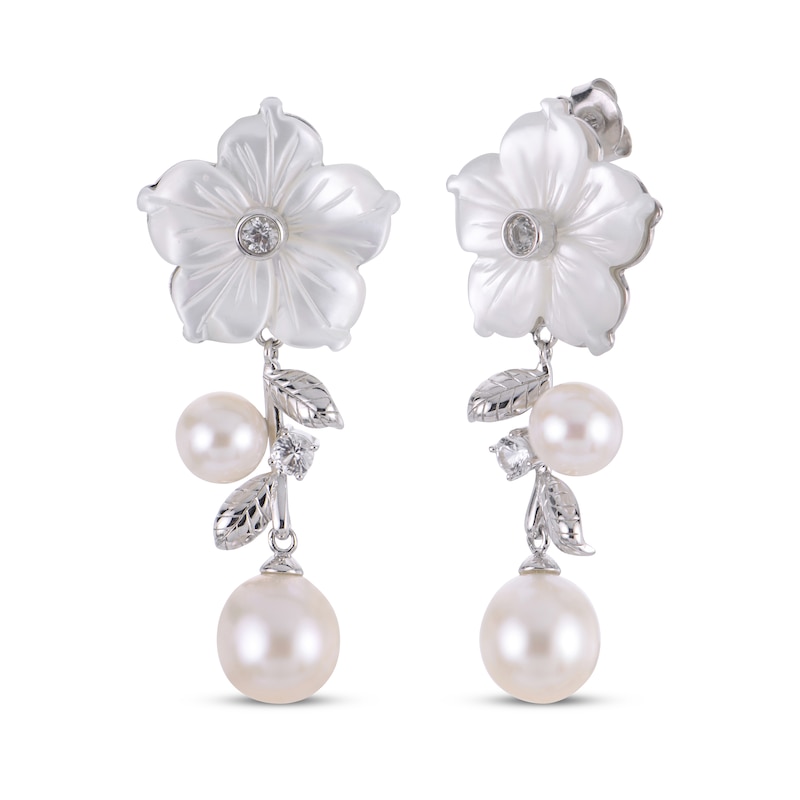 Main Image 1 of Cultured Pearl, White Lab-Created Sapphire & Mother-of-Pearl Flower Drop Earrings Sterling Silver