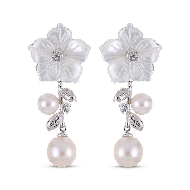 Main Image 2 of Cultured Pearl, White Lab-Created Sapphire & Mother-of-Pearl Flower Drop Earrings Sterling Silver