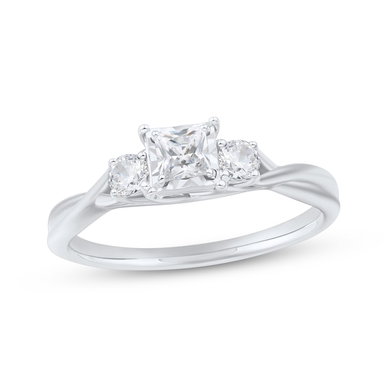 Princess & Round-Cut Diamond Three-Stone Engagement Ring 1/2 ct tw 10K White Gold