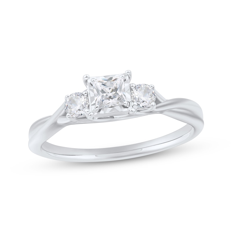 Main Image 1 of Princess & Round-Cut Diamond Three-Stone Engagement Ring 1/2 ct tw 10K White Gold