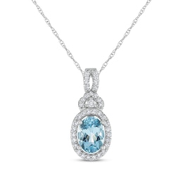 Oval-Cut Aquamarine & Diamond Halo Necklace 1/6 ct tw 10K White Gold 18&quot;