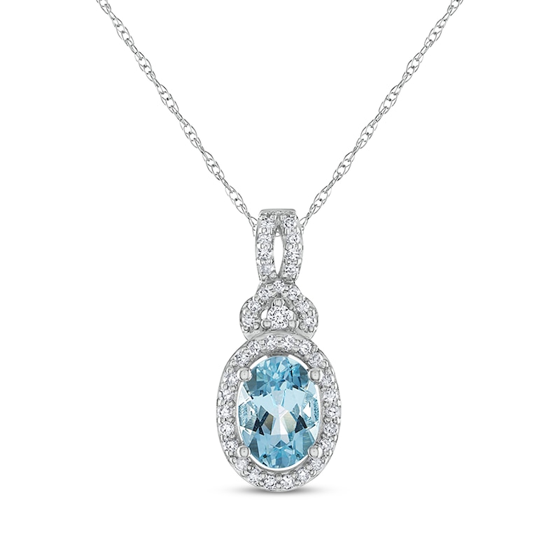 Oval-Cut Aquamarine & Diamond Halo Necklace 1/6 ct tw 10K White Gold 18"