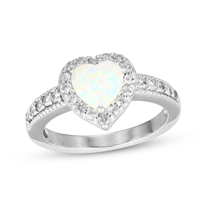 Main Image 1 of Heart-Shaped Lab-Created Opal & White Lab-Created Sapphire Ring Sterling Silver