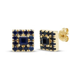 Square & Round-Cut Natural Blue Sapphire Stud Earrings 10K Yellow Gold