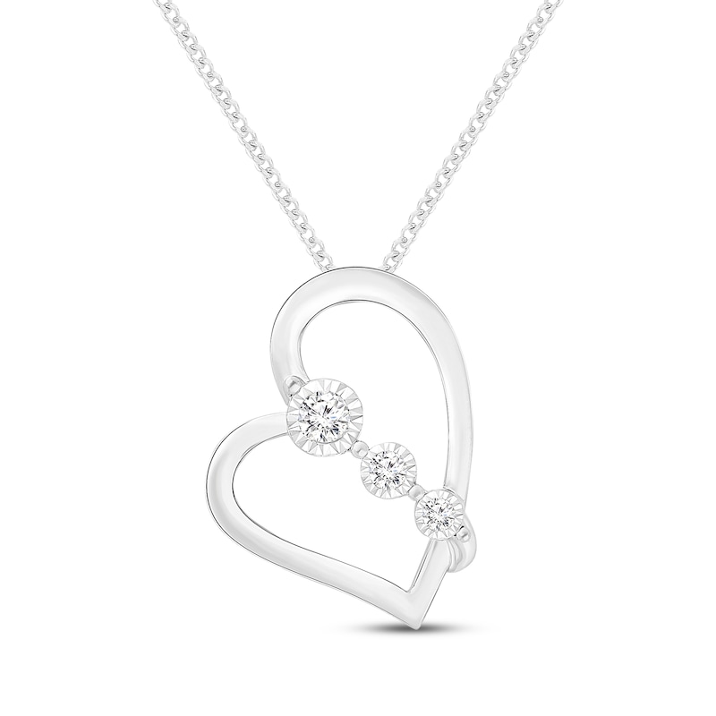 Main Image 1 of Diamond Three-Stone Tilted Heart Necklace 1/8 ct tw Sterling Silver 19&quot;