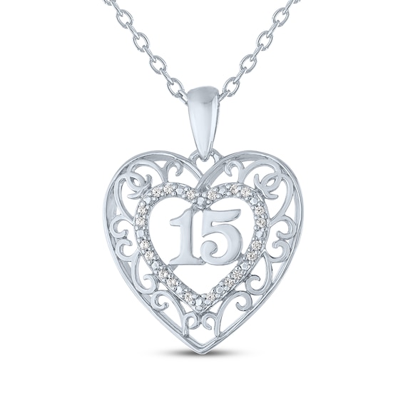 Diamond Accent Quinceañera Heart & 15 Necklace Sterling Silver 18"