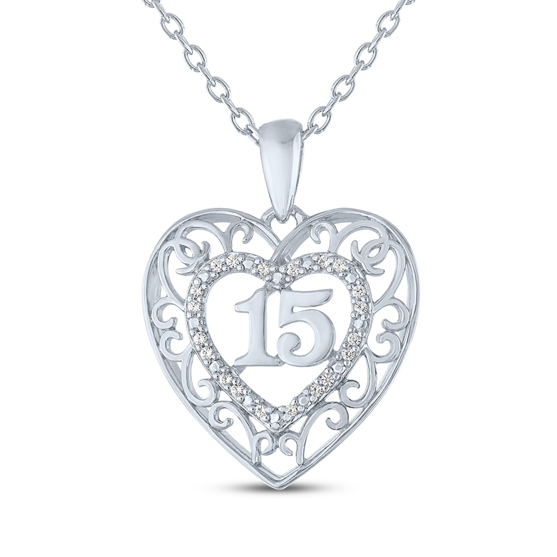 Main Image 2 of Diamond Accent Quinceañera Heart & 15 Necklace Sterling Silver 18&quot;