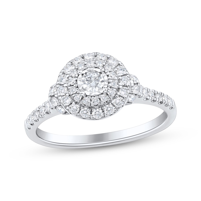 Main Image 1 of Round-Cut Diamond Double Halo Engagement Ring 1/2 ct tw 10K White Gold