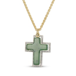 Nephrite Jade & Diamond Cross Necklace 1/3 ct tw 14K Yellow Gold 22&quot;