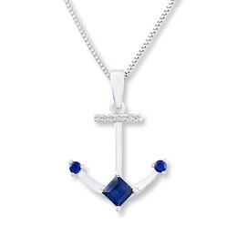 Diamond Anchor Necklace Lab-Created Sapphires Sterling Silver