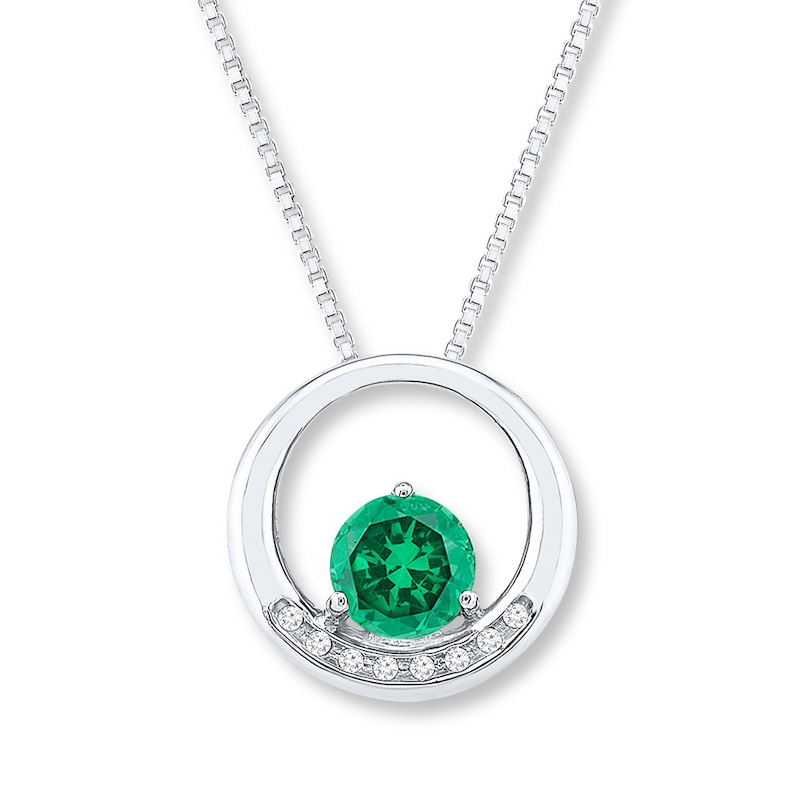 Main Image 1 of Lab-Created Emerald Necklace 1/20 cttw Diamonds Sterling Silver