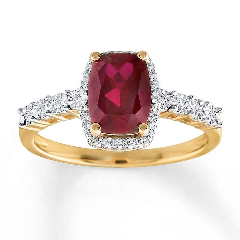 Main Image 1 of Lab-Created Ruby Ring 1/10 ct tw Diamonds 10K Yellow Gold