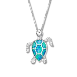 Sea Turtle Necklace Lab-Created Blue Opals Sterling Silver