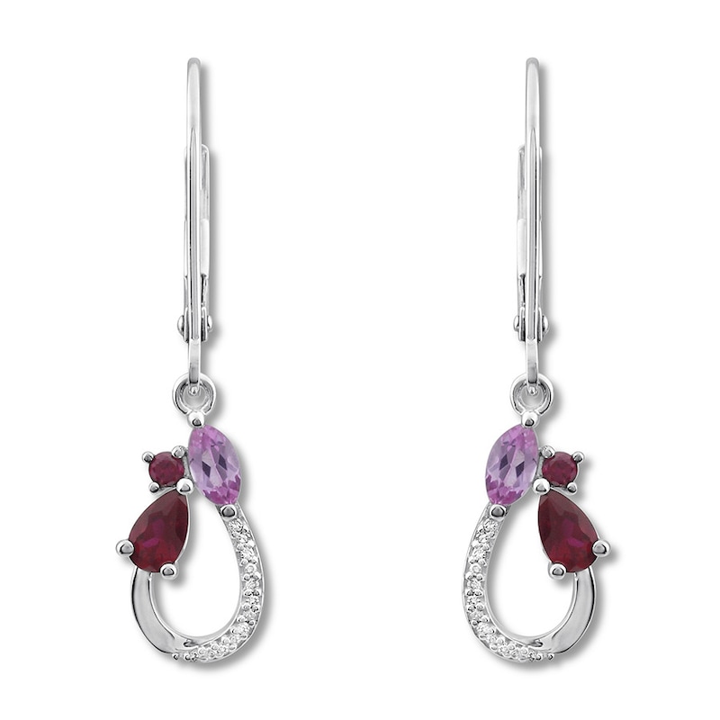 Main Image 1 of Lab-Created Ruby Earrings 1/20 ct tw Diamonds Sterling Silver