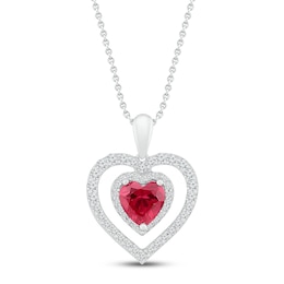 Lab-Created Ruby & Lab-Created White Sapphire Heart Necklace Sterling Silver 18&quot;