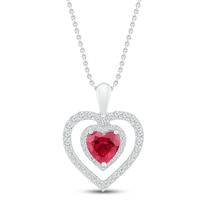 Lab-Created Ruby & Lab-Created White Sapphire Heart Necklace Sterling Silver 18"