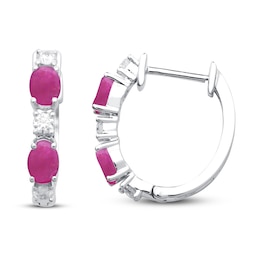 Lab-Created Ruby & Lab-Created White Sapphire Hoop Earrings Sterling Silver