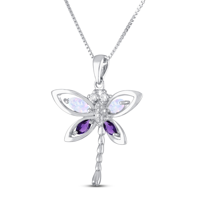 Lab-Created Opal/Amethyst/White Lab-Created Sapphire Dragonfly Necklace Sterling Silver 18"