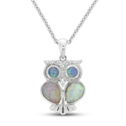 Lab-Created Opal & White Lab-Created Sapphire Owl Necklace Sterling Silver 18&quot;