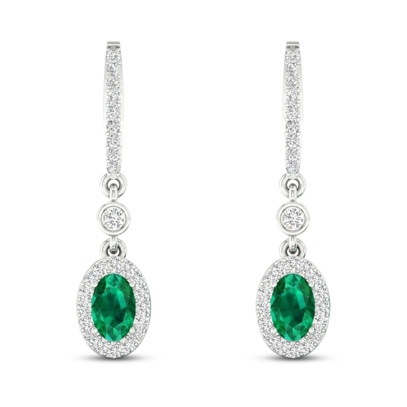 Emerald Dangle Earrings 1/6 ct tw Diamonds 10K White Gold