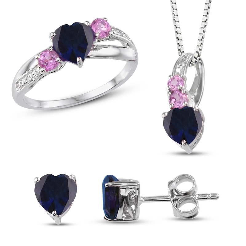 Main Image 1 of Blue & Pink Lab-Created Sapphire/Diamond Boxed Set Sterling Silver - Size 7