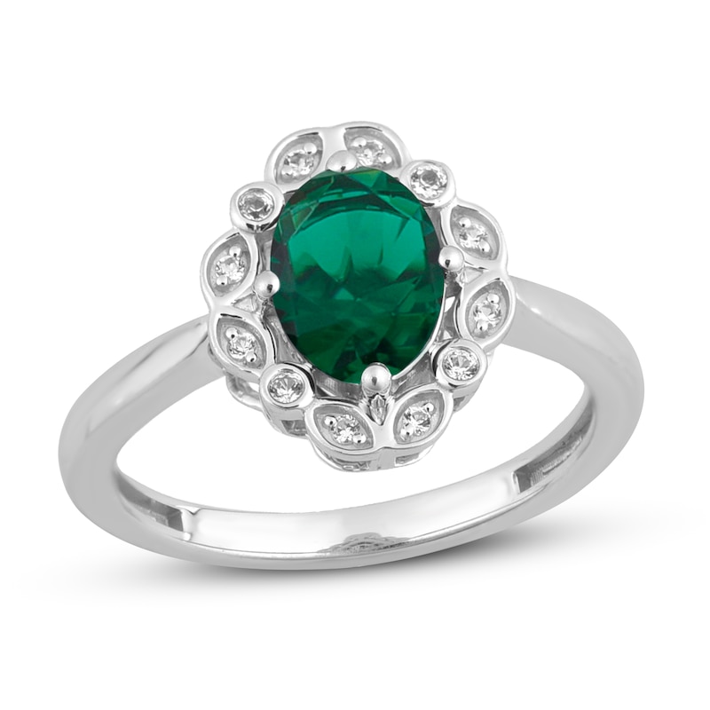 Main Image 1 of Lab-Created Emerald & White Lab-Created Sapphire Ring Sterling Silver