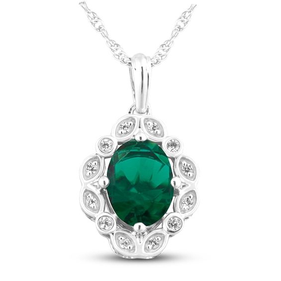 Lab-Created Emerald & White Lab-Created Sapphire Necklace Sterling Silver 18"