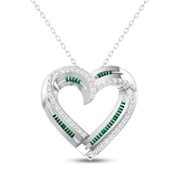 Lab-Created Emerald & White Lab-Created Sapphire Heart Necklace Sterling Silver 18&quot;