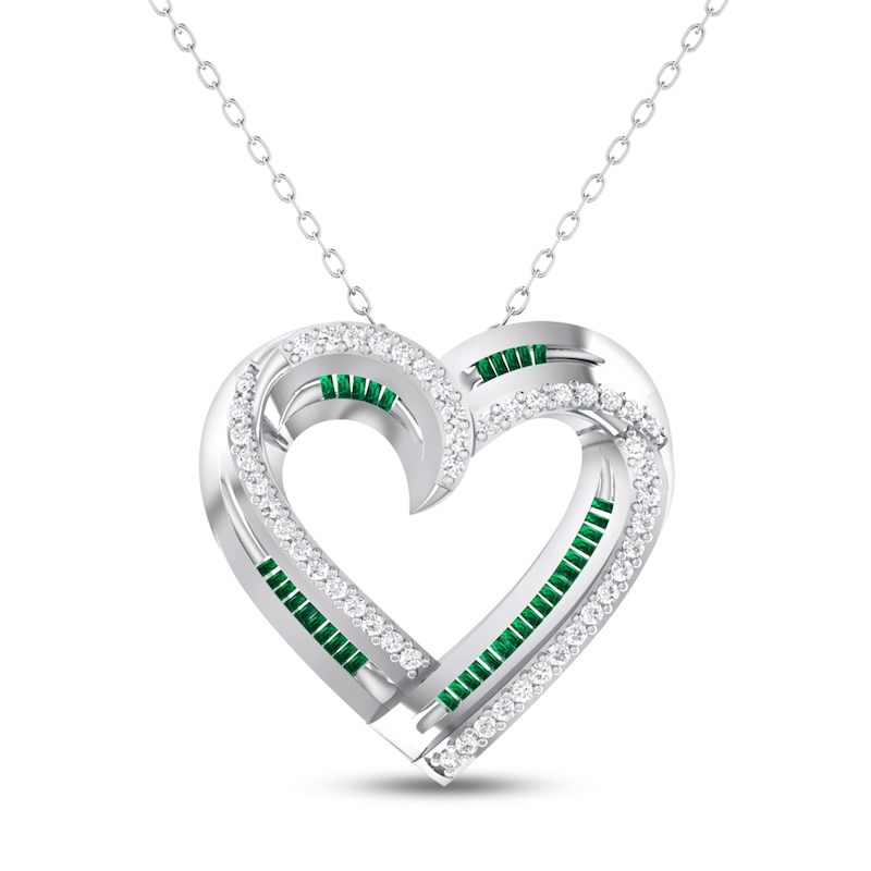 Main Image 1 of Lab-Created Emerald & White Lab-Created Sapphire Heart Necklace Sterling Silver 18&quot;