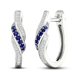 Blue Sapphire & Diamond Hoop Earrings 1/10 ct tw 10K White Gold