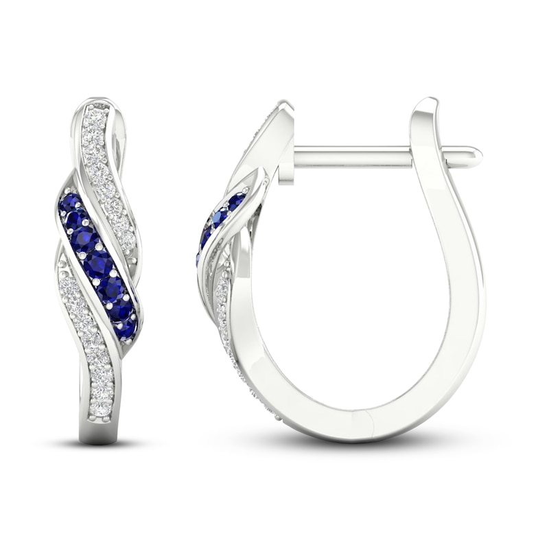 Blue Sapphire & Diamond Hoop Earrings 1/10 ct tw 10K White Gold