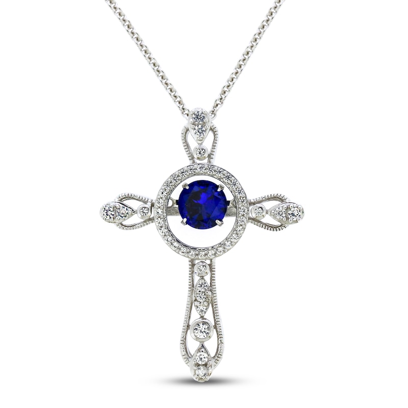 Main Image 1 of Unstoppable Love Blue & White Lab-Created Sapphire Cross Necklace Sterling Silver 18&quot;