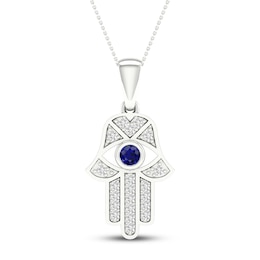 Blue/White Lab-Created Sapphire Hamsa Necklace Sterling Silver 18&quot;