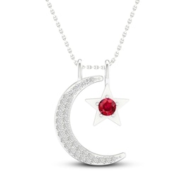 Lab-Created Ruby & White Lab-Created Sapphire Moon & Star Necklace Sterling Silver 18&quot;
