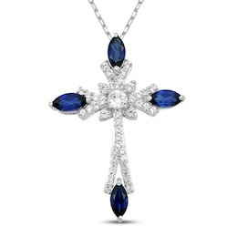 Marquise-Cut Blue Lab-Created Sapphire & White Lab-Created Sapphire Cross Necklace Sterling Silver 18&quot;