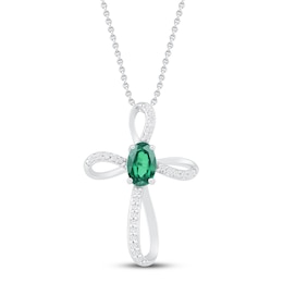 Lab-Created Emerald & White Lab-Created Sapphire Cross Necklace Sterling Silver 18&quot;