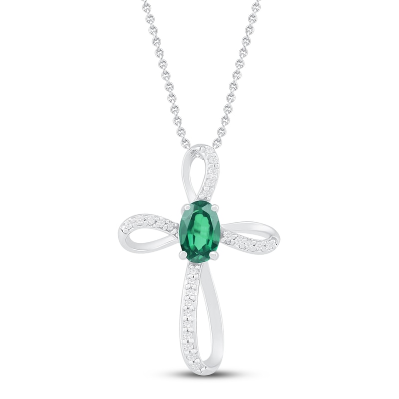 Main Image 1 of Lab-Created Emerald & White Lab-Created Sapphire Cross Necklace Sterling Silver 18&quot;