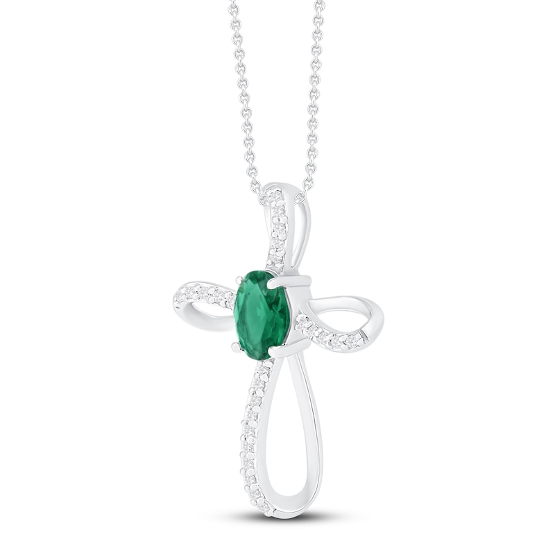 Main Image 2 of Lab-Created Emerald & White Lab-Created Sapphire Cross Necklace Sterling Silver 18&quot;