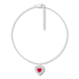 Lab-Created Ruby Heart Anklet Sterling Silver 9&quot;