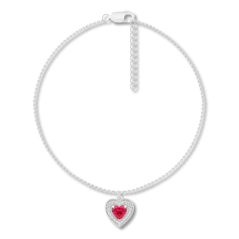 Main Image 1 of Lab-Created Ruby Heart Anklet Sterling Silver 9&quot;