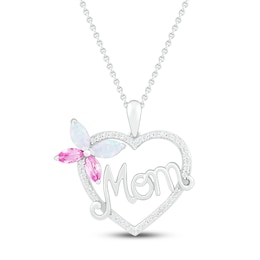 Lab-Created Opal/ Pink & White Lab-Created Sapphire Mom Necklace Sterling Silver 18&quot;