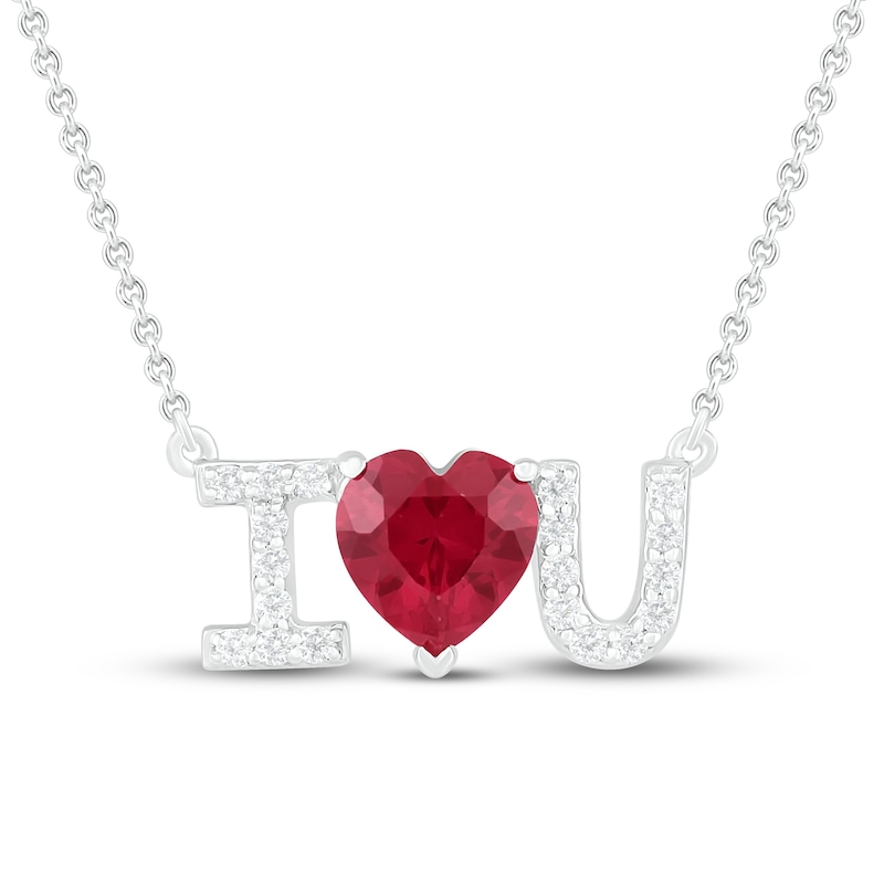 Main Image 1 of Lab-Created Ruby & White Lab-Created Sapphire I <3 U Necklace Sterling Silver 18&quot;