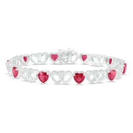 Lab-Created Ruby & White Lab-Created Sapphire Heart Bracelet Sterling Silver 7.25&quot;