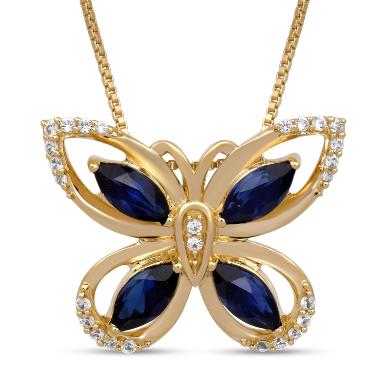 Main Image 1 of Blue & White Lab-Created Butterfly Necklace Sterling Silver/18K Yellow Gold Plated 18&quot;