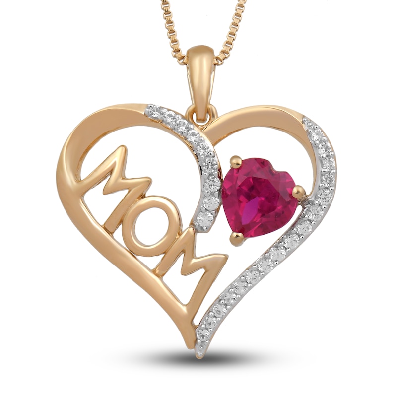 Main Image 1 of Lab-Created Ruby & White Lab-Created Mom Heart Necklace Sterling Silver/18K Gold Plated 18&quot;