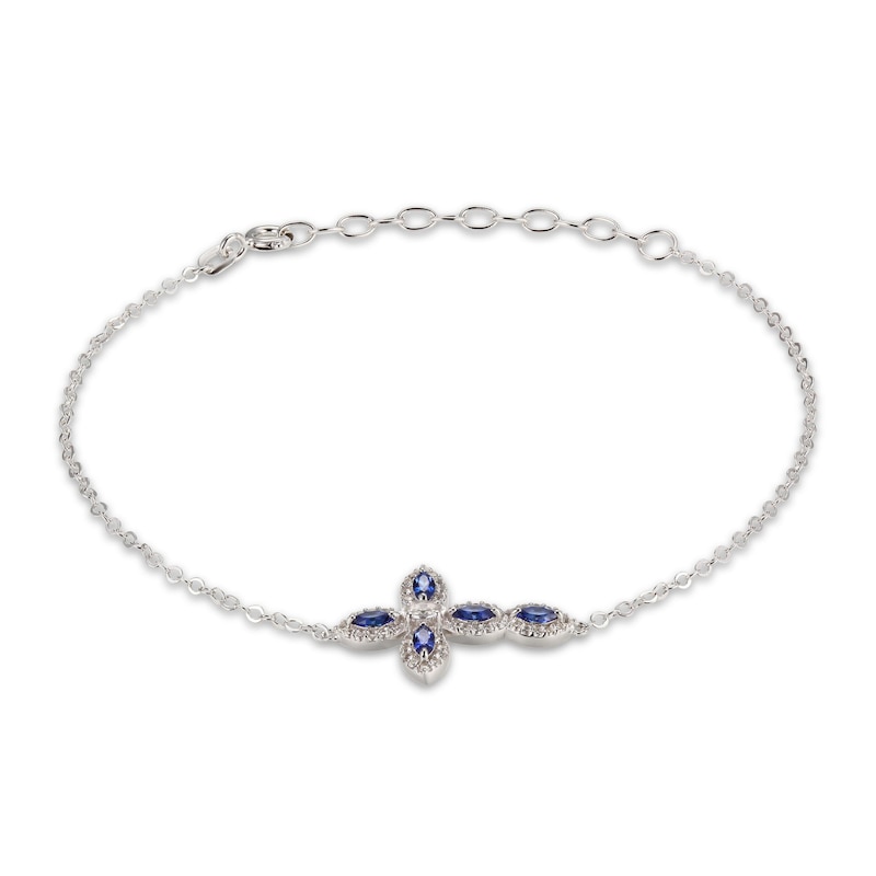 Blue/White Lab-Created Sapphire Cross Bracelet Marquise/Round-Cut Sterling Silver 7" + 1.5" Extension