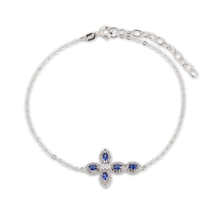 Blue/White Lab-Created Sapphire Cross Bracelet Marquise/Round-Cut Sterling Silver 7" + 1.5" Extension