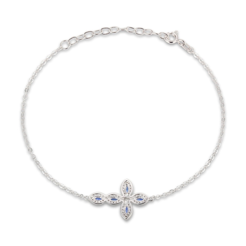 Blue/White Lab-Created Sapphire Cross Bracelet Marquise/Round-Cut Sterling Silver 7" + 1.5" Extension