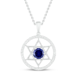 Blue/White Lab-Created Star of David Necklace Round-Cut Sterling Silver 18&quot;