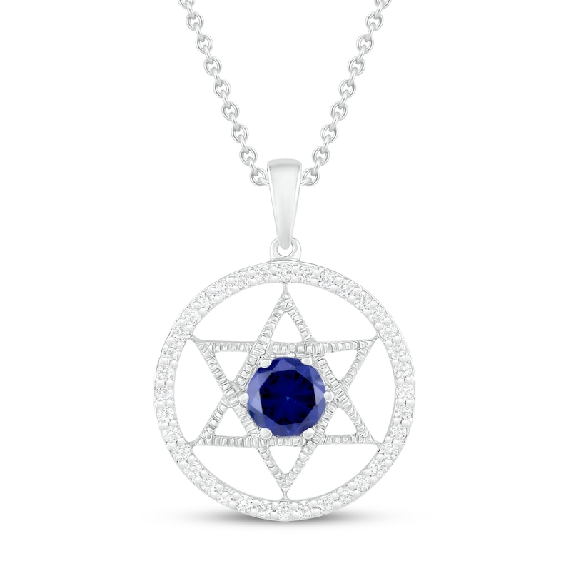 Main Image 1 of Blue/White Lab-Created Star of David Necklace Round-Cut Sterling Silver 18&quot;